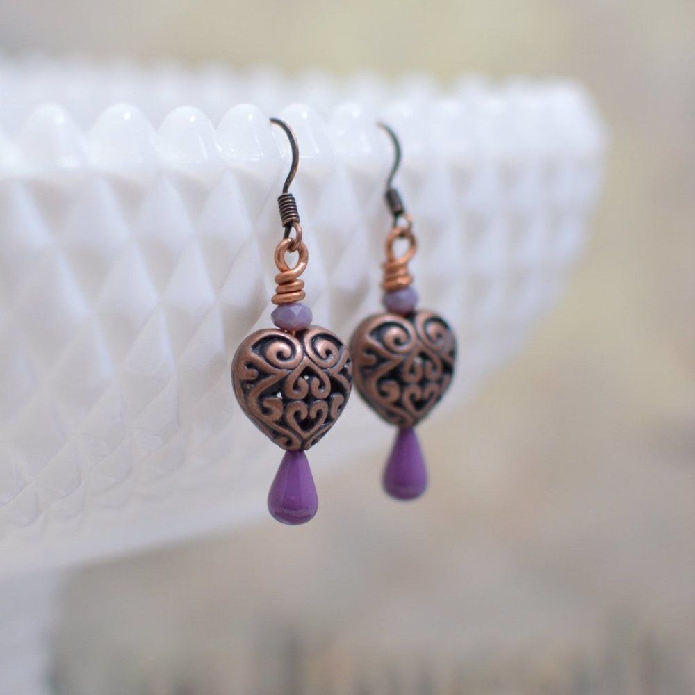 Antiqued Copper Filigree Heart Earrings